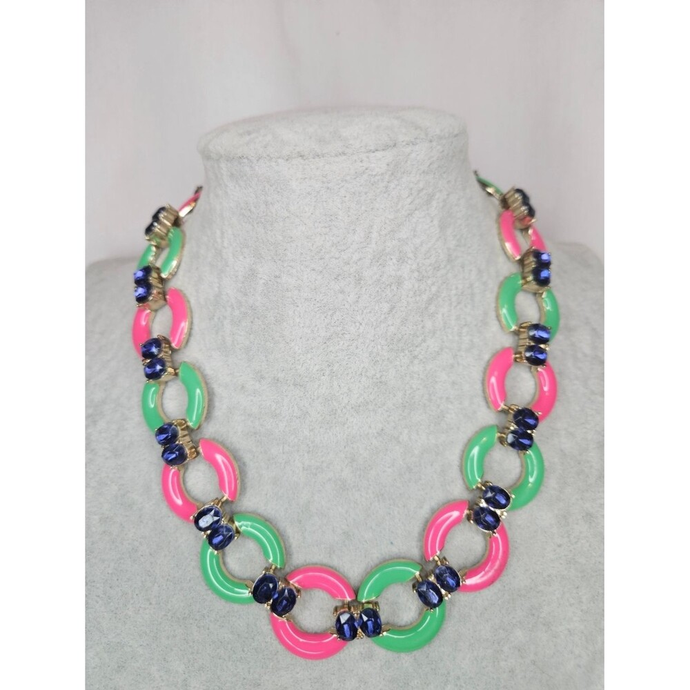 Colorful Statement Necklace Pink Green Links Blue Rhinestones Bold 17" Unsigned